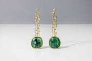 Todd Reed earrings with white diamond baguettes (~.32ct), white princess cut diamonds (~.36ct) emerald slices (~18.49ct), and 18k yellow gold